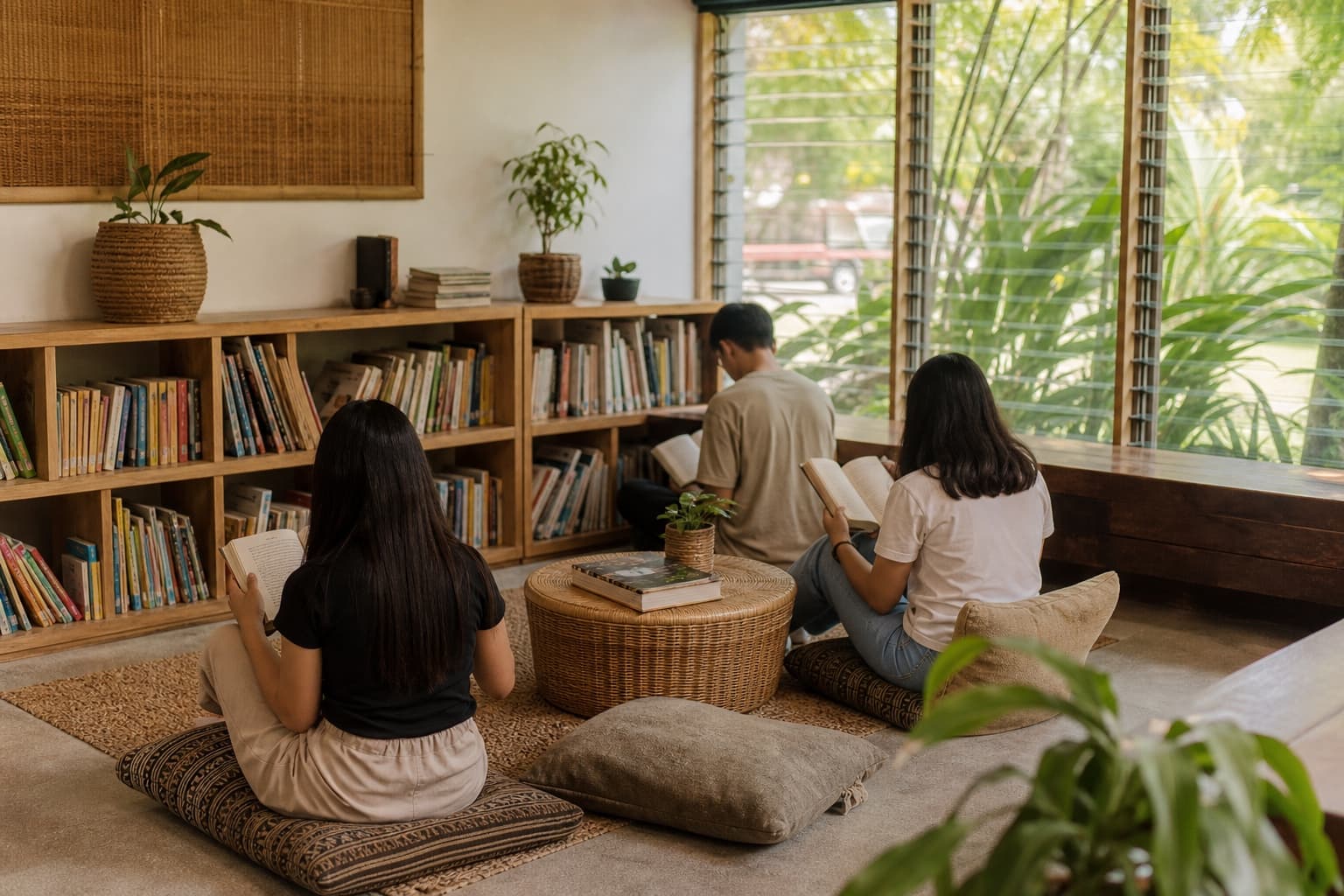A bright reading room with students, shelves and shared reading tables
